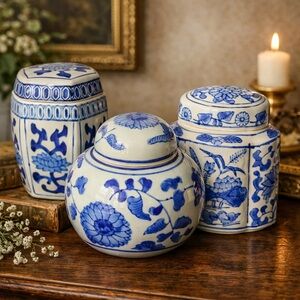 Blue & White Asian Porcelain Ginger Jar Trio – Chinoiserie Decor. G12